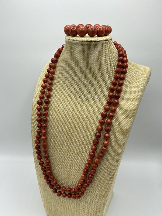 2 Pc. Red Jasper Stone Bead Sterling Clasp Necklace Bracelet Set /ro