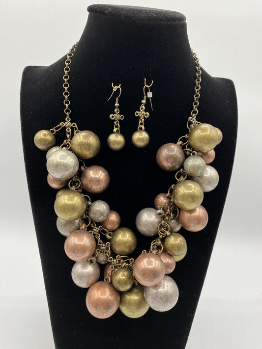 Silver, Copper, Bronze Ball Bead Statement Necklace w/pierced Earrings /ro